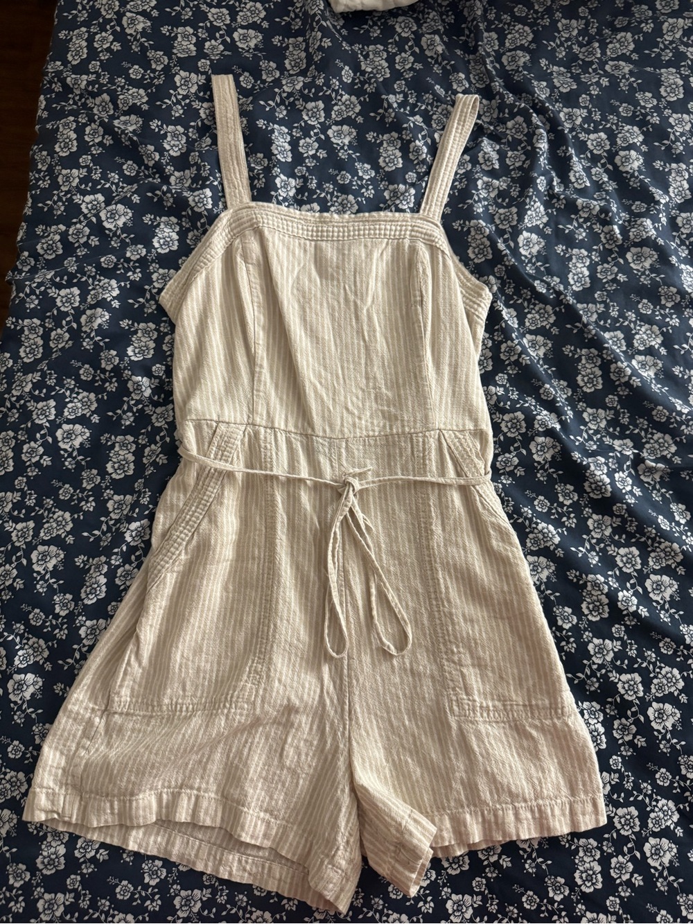 Old Navy Cream Striped Linen-Blend Romper with Tie Waist